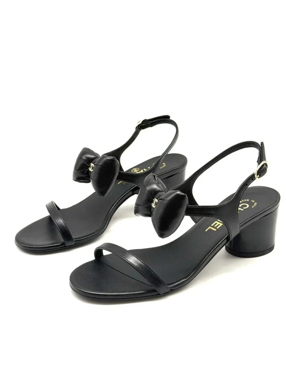 CHANEL 25P Lambskin Leather CC Bow Ankle Strap Sandals Block Heels Shoes - Picture 6 of 16